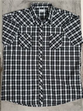Wrangler Wrancher Men’s 2XL Pearl Snap Plaid Black and White Western Rodeo Shirt